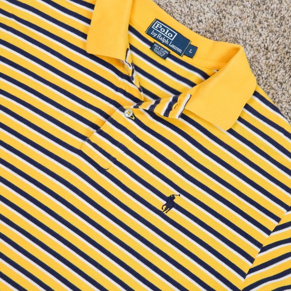 Polo Ralph Lauren Polo Shirt Mens L Yellow Navy Blue White Striped Cotton Pique - Picture 3 of 10